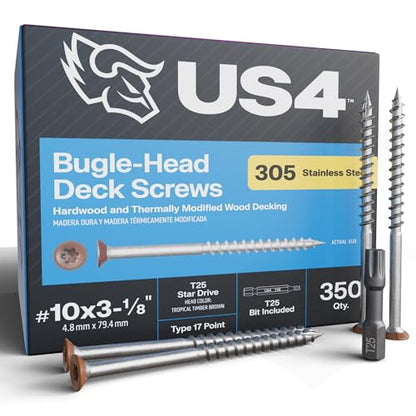 US4 - #10 x 3-1/8" Cedar Flat Head Screws Stainless Steel | Stainless Steel Wood Screws | T25 Star Drive | Self-Drilling Screws for Framing, Subflooring & Decking | 305 SS (350, #10 x 3.125 Inches) - size: #10 x 3-1/8"