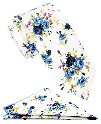 Cotton 2.5-Inch Skinny Floral Tie and Pocket Square Set for Men - color: Blue Rose