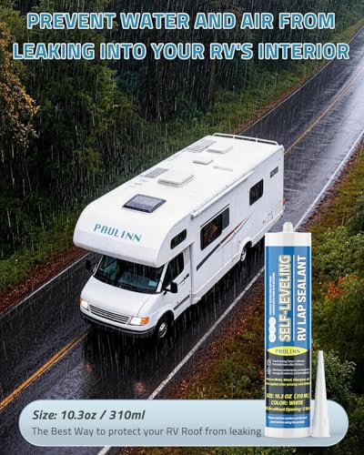 PAULINN Self Leveling Lap Sealant White, RV Roof Sealant for Camper Repair, RV Caulking, Rubber Roof EPDM, Flexible, UV & Waterproof, no Smell and Safe for RV Indoor use, 4 Packs