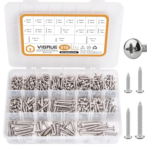 VIGRUE 510Pcs Stainless Steel Wood Screws Assortment Kit, #4#6#8#10#12 Phillips Pan Head Sheet Metal Screws Self Tapping Screws Set,Length 3/8" to 1-1/2" - size: 510Pcs Pan Head #4#6#8#10#12