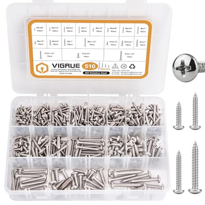 VIGRUE 510Pcs Stainless Steel Wood Screws Assortment Kit, #4#6#8#10#12 Phillips Pan Head Sheet Metal Screws Self Tapping Screws Set,Length 3/8" to 1-1/2" - size: 510Pcs Pan Head #4#6#8#10#12