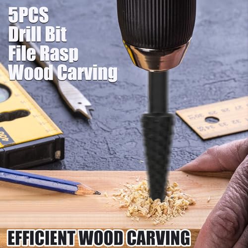Rongon Rotary Drill Bits Set Wood Carving File Rasp Drill Bits（Black-5pcs) - color: Black-5pcs