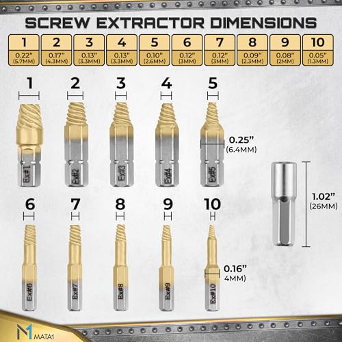 Titanium Screw Extractor Set for Stripped, Broken, Damaged Screws - 22 pc, Silver & Gold - Remover Kit with Drill Bits, Extractors, Bit Extension & Socket Adapter