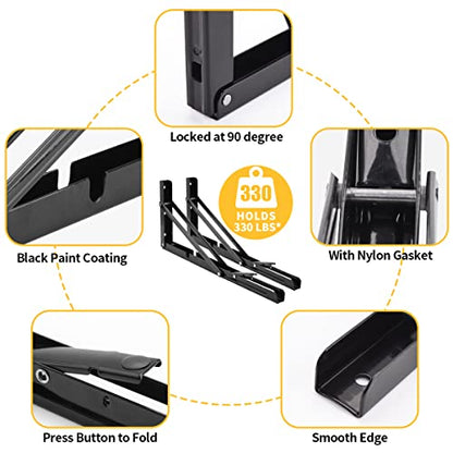 YUMORE 16 Inch Folding Shelf Bracket, Heavy Duty L Bracket, Black, 2 Pack - color: Black, size: 16 Inch