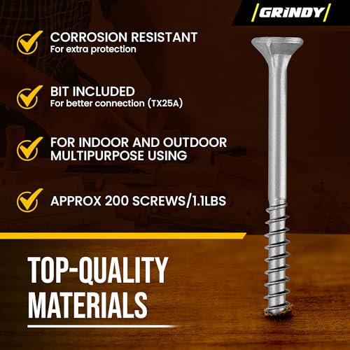 #8 x 1 5/8’’ Stainless Steel Wood Screws by Grindy (200pack/1.1LBS) – Self-Drilling Deck Screws I Rust Resistant I Quick Drive & Fast Grip I for Cabinet, Furniture & Other Projects I Bit Included - color: Stainless Steel, size: #8 x 1-5/8"