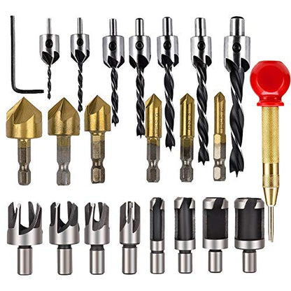 23-Pack Woodworking Chamfer Countersink Drill Bit, 6pcs 1/4" Hex 5 Flute 90 Degree Countersink Drill Bits, 7pcs Three Pointed Countersink Drill Bit, 8PCS Wood Plug Cutter, and Automatic