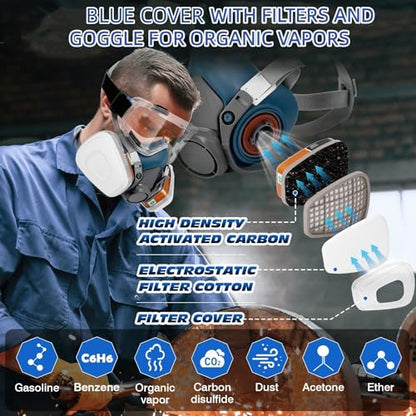 Half Facepiece with Goggle for Paint, Epoxy Resin, Spray Painting, Sanding, Woodworking, Welding Work Blue