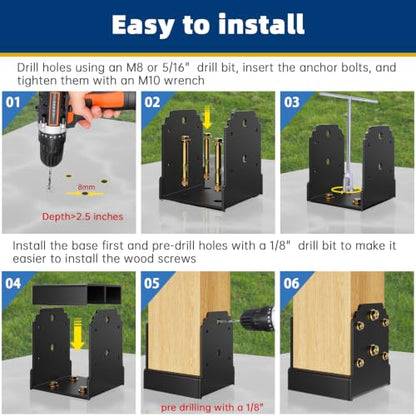 4 Pack 6X6 Post Base for Concrete, Heavy-Duty Post Anchor Bracket Kit - size: 6x6 post base (4 PCS)