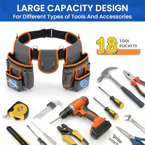 Tool Belt with Suspenders, 18-Pocket Combo Harness System with Magnetic Pouches, Heavy Duty Detachable Utility Bags Adjustable 32"-66" Waist for Electricians, Carpenters, Framers (Orange-Grey) - color: Orange-grey