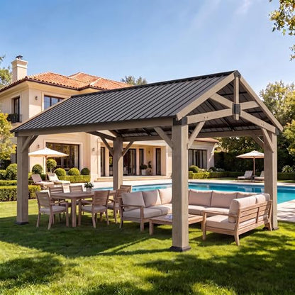 Aoxun 12' x 14' Wood Gazebo with Galvanized Steel Gable Roof, Gray - color: Taupe Gray, size: 12' x 14'