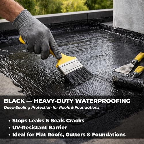 Black Liquid Rubber Waterproof Coating, 1 Quart | Industrial Grade Foundation & Flat Roof Sealant | Waterproofing Membrane for Concrete, Wood & Metal | UV Resistant | Leak Repair Paint - color: BLACK