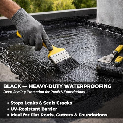 Black Liquid Rubber Waterproof Coating, 1 Quart | Industrial Grade Foundation & Flat Roof Sealant | Waterproofing Membrane for Concrete, Wood & Metal | UV Resistant | Leak Repair Paint - color: BLACK