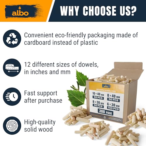 ALBO 300 Pcs Assorted Wooden Dowel Pins, 6x30, 8x30, 8x40 & 10x40 mm - size: Set 300pcs 6mm + 8mm + 10mm