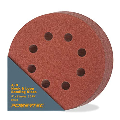 POWERTEC 50PK, 80 Grits, Sanding Discs 5 Inch - Hook and Loop, 5 Inch 8 Hole Aluminum Oxide Sandpaper Discs, Woodworking Sanding Pads for Random Orbital, Palm, Air, DA & Pneumatic Sander (45008-P2) - style: 80 Grit, 50PK