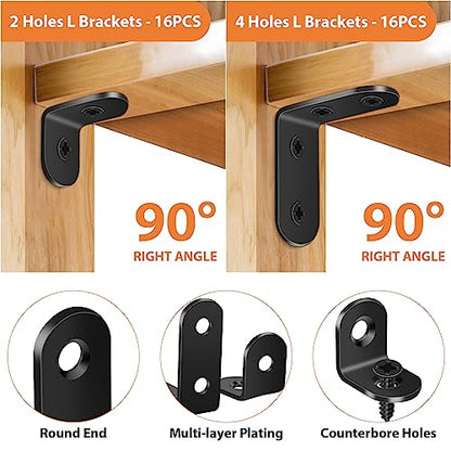 32PCS L Corner Brackets, MAPVOLUT Black Heavy Duty L Brackets for Shelves with 100PCS Screws, Metal Right Angle Shelf Bracket, Metal Corner Brace for Wood Furniture (1.57x1.57in/0.79x0.79in) - size: 2 SIZE Black