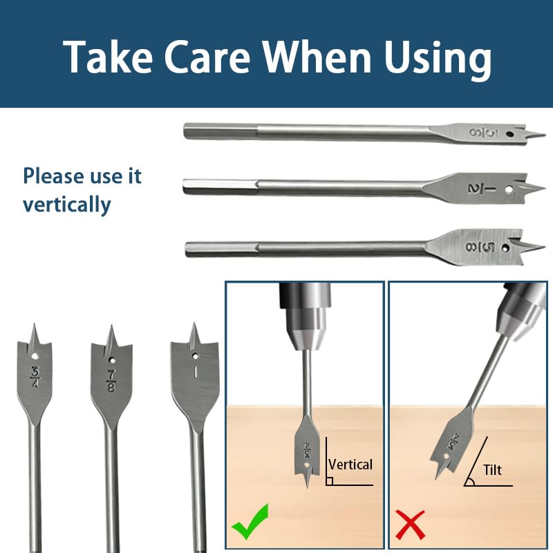 6Pcs Spade Drill Bit Set, 3/8" to 1" Titanium Coated High Carbon Steel Flat Paddle Bits, Quick Change Hex Shank Self-Centering Hole Cutter for Woodworking DIY Projects