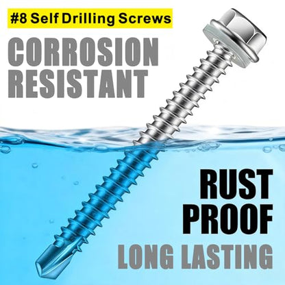 #8 x 1-1/2"Self Tapping Screws,410 Stainless Steel Hex Washer Head (180pcs) - size: #8x1-1/2''-180Pcs