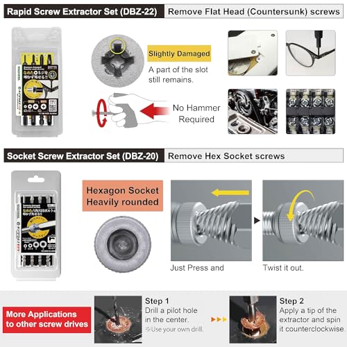 ENGINEER DXZ-07 Screw Extractor Tool Set. Screw Emergency Tool Kit in a roll-up case. Compatible with Broken Head Phillips Screws and Hex Socket Bolts, Can Remove Countersunk Screws.