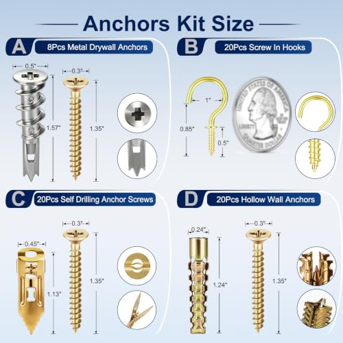Drywall Anchors and Screws kit,Hanmer in,Screw Down,Load Baring 50LB,Boxed