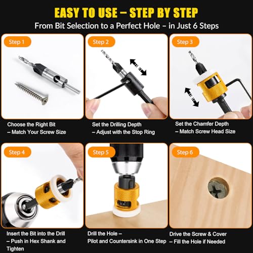 8PCS Countersink Drill Bit Set with Low Friction Depth Stop, Replaceable HSS Pilot Drill, Multi-Size Bits, 1/4" Hex Shank, Precision Woodworking Tool for Wood
