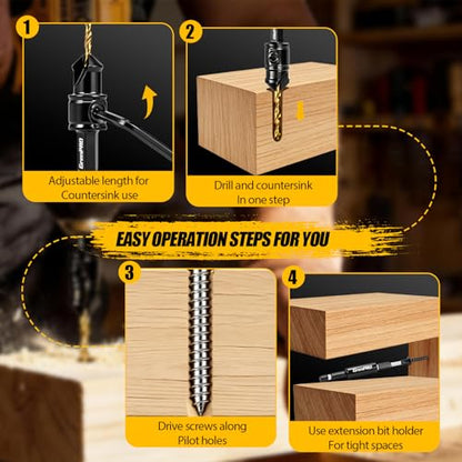 GRENPRO Countersink Drill Bit Set, 14PCS 2-Flute Adjustable Bits for Wood
