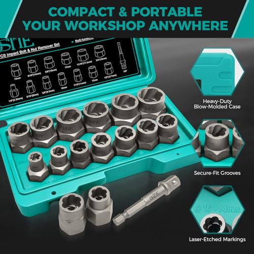 14Pcs Impact Bolt & Nut Extractor Kit, 3/8" Drive - size: 13+1 Piece