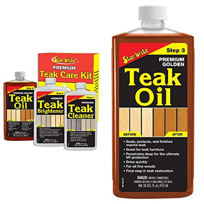STAR BRITE Teak Kit - Restore Decks, Patio, Outdoor Furniture, Boats & Fine Wood - Marine Grade Teak Cleaner & Brightener Set & Premium Golden Teak Oil - Sealer, Preserver & Finish - 16 OZ