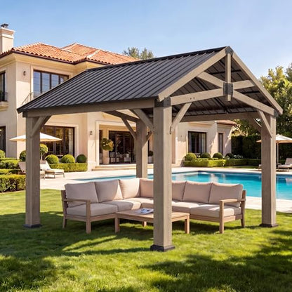 Aoxun 10' x 10' Wood Gazebo with Galvanized Steel Gable Roof, Gray - color: Taupe Gray, size: 10' x 10'