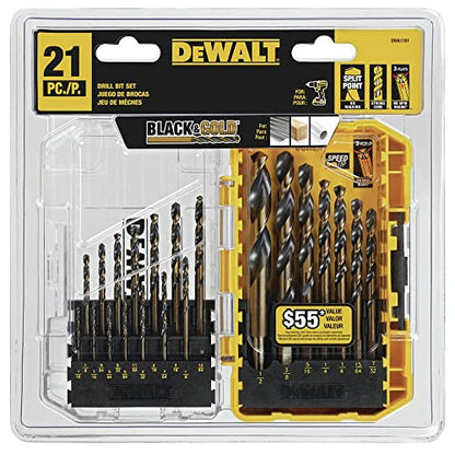 DEWALT Drill Bit Set, 21 Pc High Speed Steel DEWALT Bits, Black and Gold Oxide Coated, 135 Degree Split Point, 31 Degree Helix (DWA1181) - size: One Size