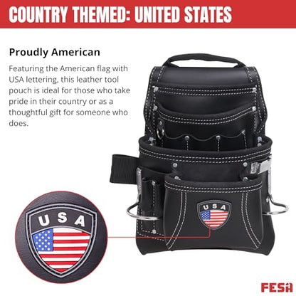 FESA Leather Carpenter Tool Pouch - 10-Pocket Heavy Top Grain Leather Carpenter Pouch with 2 Hammer Loops, Large & Small Pockets - Fits Work Belts up to 3" - Handcrafted - Country-Themed - color: Black - USA
