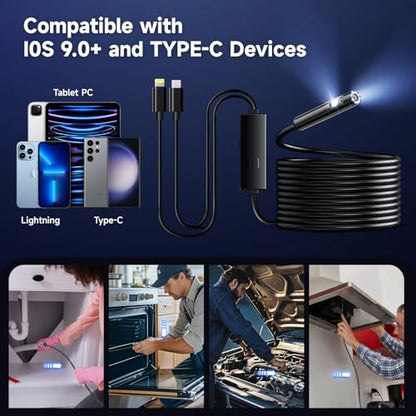Endoscope Camera with Light, Dual-Lens 1920P HD Borescope with 8+1 Adjustable LED Lights, IP67 Waterproof Inspection Camera 16.5FT Semi-Rigid Snake Camera for iOS & Android (2 Interface) - size: 2 Interface