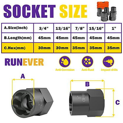 5PCS Bolt Extractor Kit Heavy Duty, 1/2" Drive Impact Lug Nut Remover Tool, Nut Extractor Set Large Size 19-25mm For Removing Stripped, Damaged, Rounded off and Rusted Bolts, Studs - size: 5Pcs