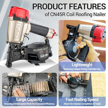 meite CN45R Roofing Nailer, Drives 15 Degree 7/8" to 1-3/4" Coil Roof Nails