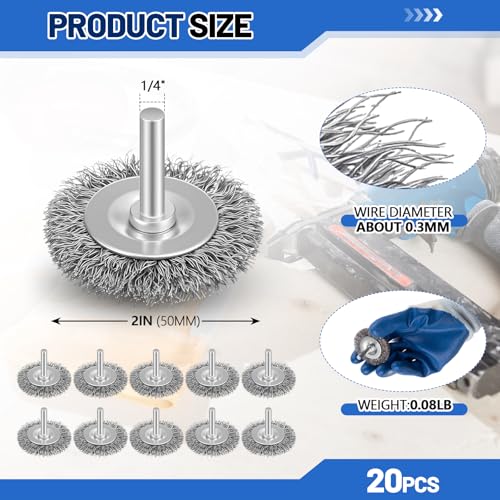 Moxweyeni 20 Pcs 2 Inch Wire Wheel Brushes for Drill Bits, 1/4 Inch Shank - size: 2 Inch