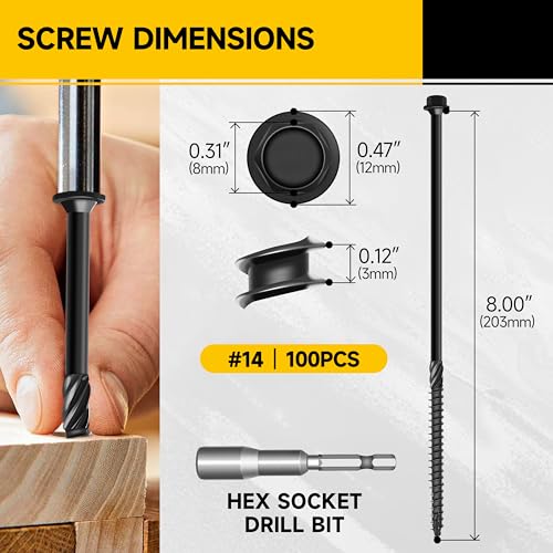100Pcs 8 Inch Wood Screws, #14 x 8 Heavy Duty Outdoor Wood Screws Assortment Kit Deck Screws, Black Timber Screws Lag Bolts, Hex Socket Included Hex Head Log Landscaping Black Long Screws By Mywish - size: #14 x 8"