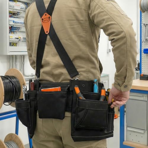 MELOTOUGH 14-Pocket Tool Belt with Suspenders, Tool Rig Organizer (Black)