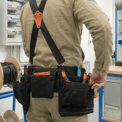 MELOTOUGH 14-Pocket Tool Belt with Suspenders, Tool Rig Organizer (Black)