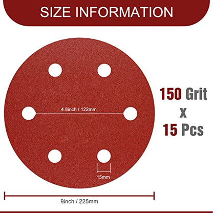 Awutzut 9 Inch 6 Hole Sanding Discs 150 Grit Hook and Loop for Drywall Sander 15PCS - style: 150 Grit