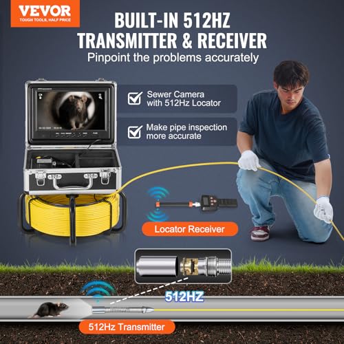 VEVOR Sewer Camera with 512Hz Locator,165 ft/50 m, Self-Leveling Drain Inspection Camera with 9" 1080P HD Screen, 36X Zoom, Snake Plumbing Camera with Lights-12 LED, 32GB SD Card for Duct Pipe - size: 165ft, style: 9" Screen with 512Hz Locator