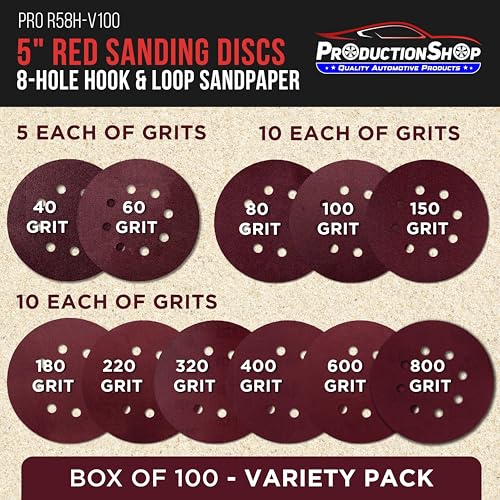 ProductionShop 5" Red 8-Hole Pattern Sanding Discs, 100 Disc Variety Pack, Grits 40, 60, 80, 100, 150, 180, 220, 320, 400, 600, 800 - Hook & Loop Sandpaper for Random Orbital Sanders - Woodworking - style: Variety Pack 100