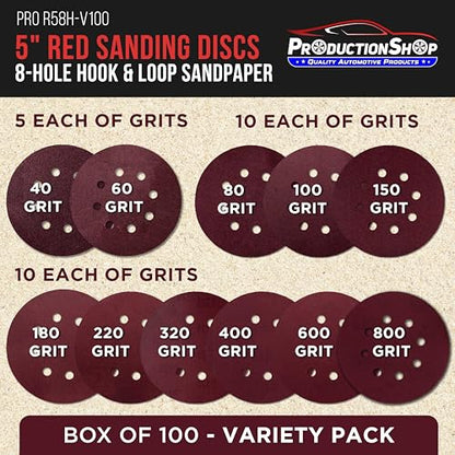 ProductionShop 5" Red 8-Hole Pattern Sanding Discs, 100 Disc Variety Pack, Grits 40, 60, 80, 100, 150, 180, 220, 320, 400, 600, 800 - Hook & Loop Sandpaper for Random Orbital Sanders - Woodworking - style: Variety Pack 100