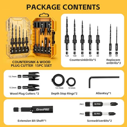 GRENPRO Countersink Drill Bit Set, 15PCS Tapered Bits with 2 Plug Cutters