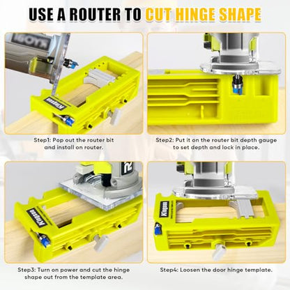 Adjustable Door Hinge Jig Router Template Kit, Hinge Mortising Guide Fits 3"-5" Length, 1/4" & 5/8" Thickness Door Hinges with Drill Bits
