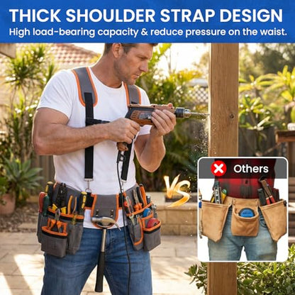 Tool Belt with Suspenders, 18-Pocket Combo Harness System with Magnetic Pouches, Heavy Duty Detachable Utility Bags Adjustable 32"-66" Waist for Electricians, Carpenters, Framers (Orange-Grey) - color: Orange-grey