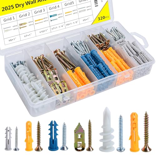 320PCS Drywall Anchors and Screws Kit, 6 Sizes Plastic Wall Anchors