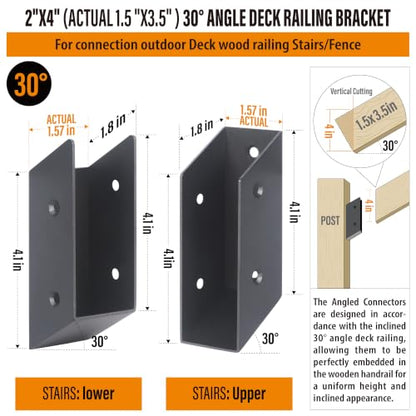 30° Stair Angle Stainless Steel Deck Railing Brackets Connectors for 2"x4" (Actual 1.5"x3.5") Railing Wood Post (8 Pair) - size: Angle 30°