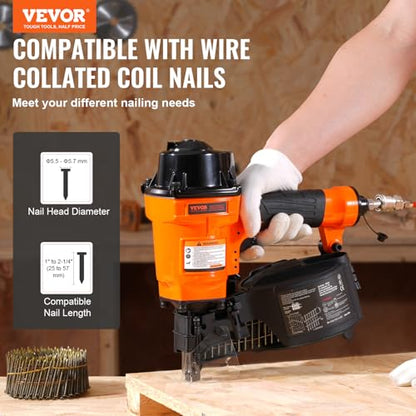 VEVOR MCN55 Coil Siding Nailer, 70-120PSI Air Coil Nailer 1 inch to 2-1/4 inch 15 Degree Pneumatic Siding Nail Gun for Siding, Pallet Sheathing, Fencing, Decking - size: 11.14 x 11.93 x 5 in