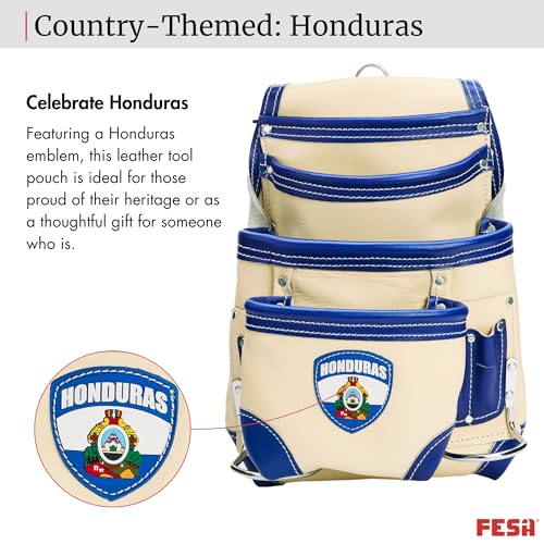 FESA Leather Carpenter Tool Pouch - 10-Pocket Heavy Top Grain Leather Carpenter Pouch with 2 Hammer Loops, Large & Small Pockets - Fits Work Belts up to 3" - Handcrafted - Country-Themed - color: White - Honduras