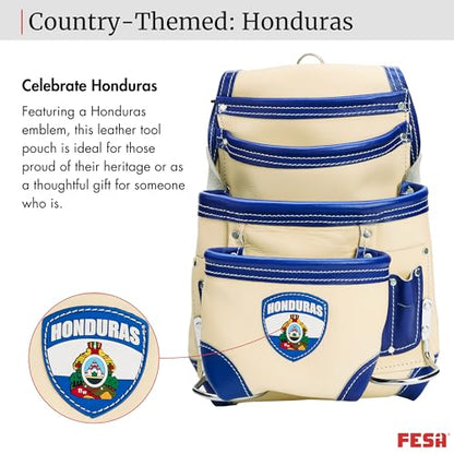 FESA Leather Carpenter Tool Pouch - 10-Pocket Heavy Top Grain Leather Carpenter Pouch with 2 Hammer Loops, Large & Small Pockets - Fits Work Belts up to 3" - Handcrafted - Country-Themed - color: White - Honduras