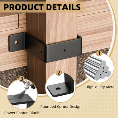 3 Pack 4x4 Strap Post Ties, Heavy Duty Post Brackets for Wood - color: Black 4”x4“ - 3 Pack